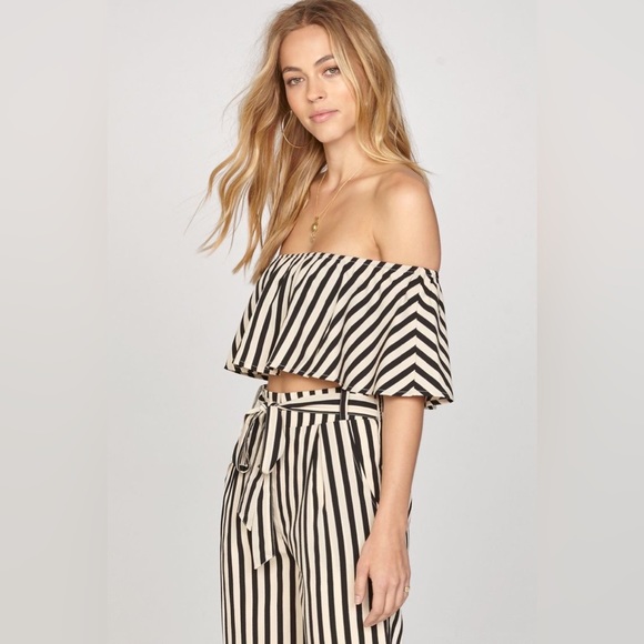 Amuse Society Total Flirt Woven Off the Shoulder Top Pant Set / beige black XS S - Picture 5 of 8